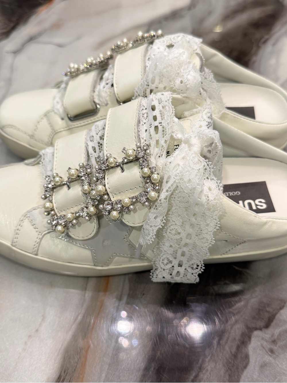 GOLDEN GOOSE Old School Sabot PEARL EMBELLISHED BUCKLE Sneakers 37/7 - Picture 6 of 16